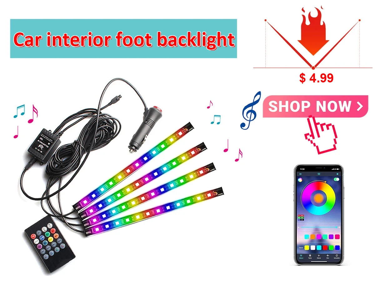 LED Car Interior Ambient Strip Lights RGB Fiber Optic Atmosphere Neon Lighting Kit W/ APP Remote Control Auto Decorative Lamps